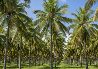 Fototapeta premium Serene coconut grove under a bright blue sky evokes a tropical escape