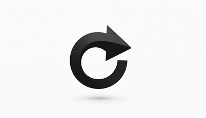 Black curved arrow icon in circle on white background. Symbolizes repetition, refresh, restart, and continuous motion. Used for digital interface, app functions, and loop concepts.