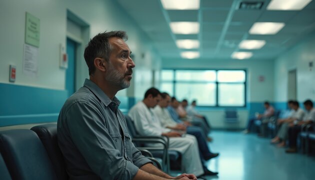Mature man awaits in hospital waiting room among patients. Looks concerned anxious about medical treatment. Interior photo healthcare facility. People in medical center at appointments.