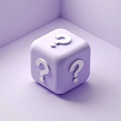 A single purple cube with question marks on its sides sits in a minimalist room. The object represents uncertainty, problem solving, or a quiz game element.
