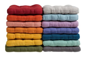 Stacked colorful tufted seat cushions in two columns on black background image, Isolated On Transparent Background, Png Cut Out