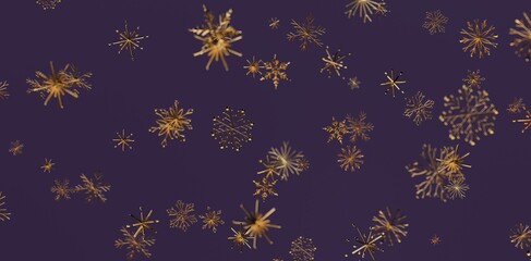 Elegant gold snowflakes falling on a dark purple background. Perfect for Christmas, New Year, winter themes. Ideal for design and celebration.