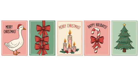 Fototapeta premium Festive Christmas cards featuring a goose, bows, candles, candy cane, and Christmas tree.