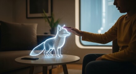 Person interacts with glowing holographic fox projection on a table in a dimly lit room
