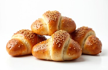 Golden brown baked crescent rolls covered in sesame seeds. Several fresh bread pieces arranged on a clean white backdrop. These sweet pastries are ready for breakfast or as a snack.
