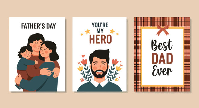 Three Father's Day greeting cards with family and hero themes.
