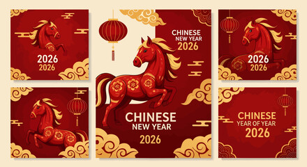 Chinese New Year 2026 horse themed graphic design set with red and gold colors.