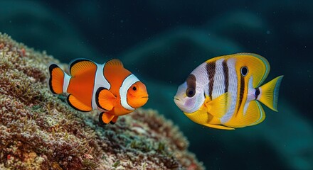 Fototapeta premium Two colorful fish swimming near coral reef in ocean water.