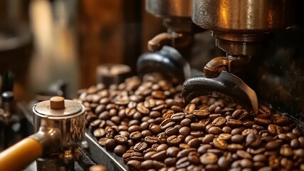 Roasted coffee beans overflowing espresso machine dispenser with portafilter nearby - Powered by Adobe