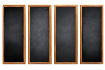 Four blank black chalkboards with wooden frames on black background blackboard empty, Isolated On Transparent Background, Png Cut Out