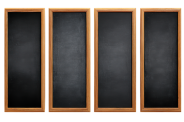 Four blank black chalkboards with wooden frames on black background blackboard empty, Isolated On Transparent Background, Png Cut Out