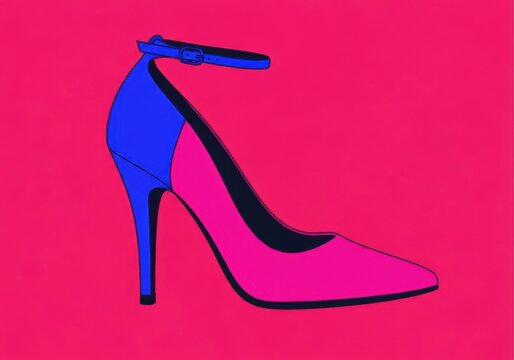 Striking illustration of a pink and blue high heel against a hot pink backdrop