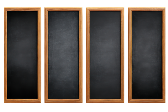 Four blank black chalkboards with wooden frames on black background blackboard empty, Isolated On Transparent Background, Png Cut Out