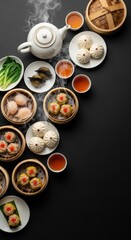 Traditional Steamed Dumplings with Tea and Bamboo Baskets on Black Surface