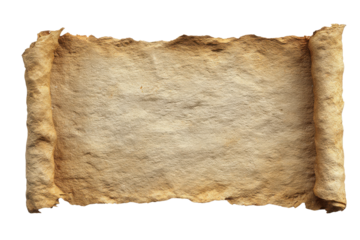 Aged parchment scroll with torn edges and rolled ends on black paper, Isolated On Transparent Background, Png Cut Out
