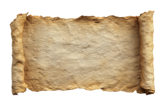 Aged parchment scroll with torn edges and rolled ends on black paper, Isolated On Transparent Background, Png Cut Out