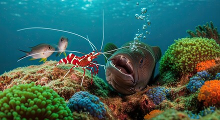 Underwater Harmony - Moray Eel, Cleaner Shrimp, and Coral Reef Ecosystem.
