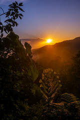Sunrise over the mountains with lush greenery and golden light illuminating the landscape in a serene setting