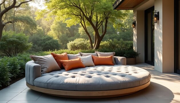 Comfortable cushioned outdoor daybed with pillows in garden. Round sofa lounge zone for relaxation at villa or hotel. Luxury exterior design with modern furniture in green garden.