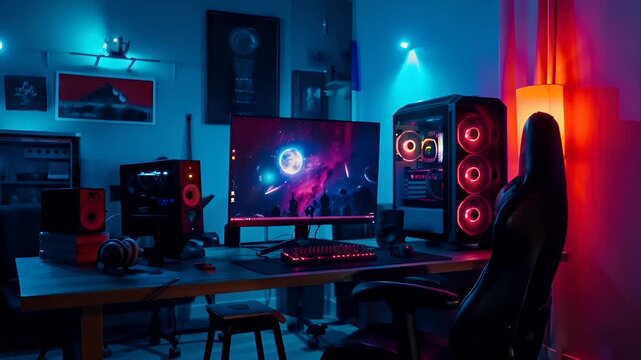 A gaming room with a desk, computer setup, and colorful lighting. The desk is equipped with a keyboard, mouse, and headphones, suggesting a professional setting.
