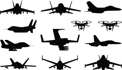 Aircraft silhouette icon set, fighter jet and drone shapes, military aviation visual, aerial vehicle grid, tactical flight design, vector style
