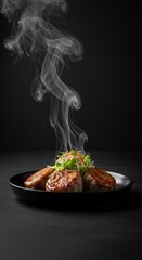 Steaming Grilled Meat with Fresh Greens on Black Plate in Dark Background