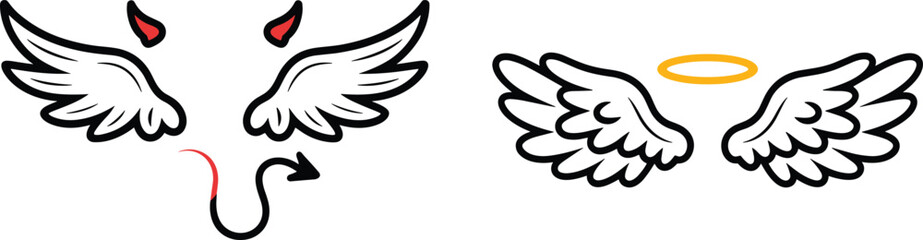 Angel and devil wings, symbolic contrast illustration, halo and horns, good versus evil, black white design, spiritual concept, duality art, moral symbolism