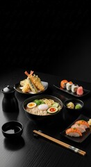 Traditional Japanese Sushi and Ramen Meal on Black Table with Soy Sauce and Chopsticks