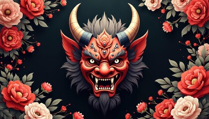 Fototapeta premium Red Japanese oni devil face with horns and fangs. Surrounded by red and cream peonies and green leaves on black background wallpaper. Horror monster art.