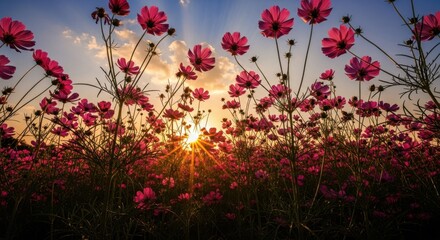 Vibrant pink cosmos flowers bloom in a field at sunset with golden sun rays