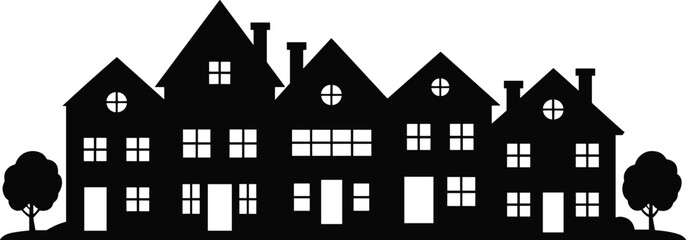 House silhouette row, residential architecture vector, black building shapes, neighborhood design, tree and window icons, urban home illustration, minimal cityscape art