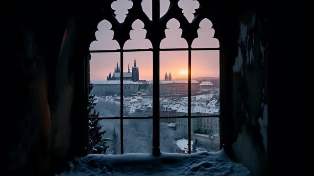 Prague, Czech Republic, Europe. A gothic window frame captures a serene winter sunset over a cityscape, with snowcovered rooftops and spires. The sky is painted in hues of pink and orange.