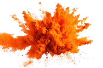 Bright orange powder explosion against a stark black background burst dust image, Isolated On Transparent Background, Png Cut Out