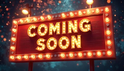 Retro wooden board with golden marquee letters spells COMING SOON. Illuminated bulbs surround sign, lights shine brightly. Anticipate exciting event or product arrival.