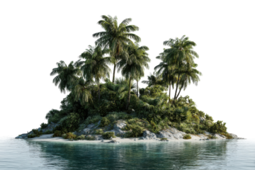 Lush tropical island with palm trees and clear blue water image, Isolated On Transparent Background, Png Cut Out