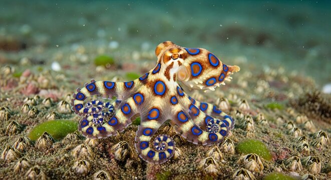 Vibrant Blue Ringed Octopus on Ocean Floor.