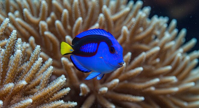 Vibrant Blue Tang Fish Swimming Among Coral Reef Structures.