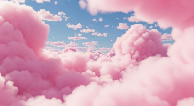 Dreamy pink clouds floating in a bright blue sky with white fluffy clouds