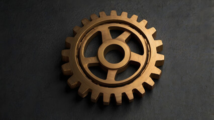 Close-up macro shot of a golden cogwheel mechanism, a symbol of industry and mechanical engineering