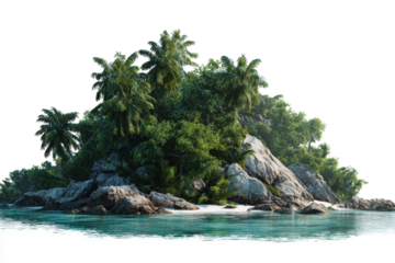 Tropical island with palm trees rocks and turquoise ocean water image, Isolated On Transparent Background, Png Cut Out