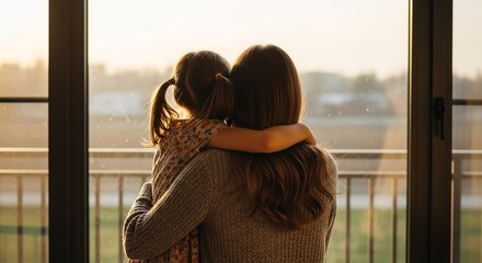 Back view silhouette of a caring mother hugging her daughter near a window, symbolizing protection, security, and a future together in warm sunlight., mother's day 