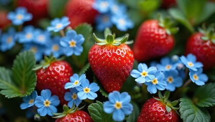 Ripe red strawberries grow among small blue flowers and green leaves in garden patch. Healthy sweet red fruits and delicate blue blossoms together form natural beautiful composition outdoors.
