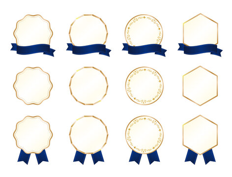 濃紺サテンリボン付き・金箔&times;アイボリーのフレームの高級感あるラベルバッジ12種セット（円形・六角形・スカラップ・装飾ライン入り・アイボリー地・立体光沢・受賞メダル・ギフトパッケージ・LPキャンペーン用ベクターデザイン）