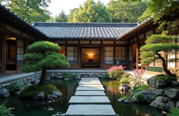 Fototapeta premium Japanese garden view with traditional wooden house. Stone path leads to home. Pond with rocks and plants. Tranquil asian landscape. Travel destination