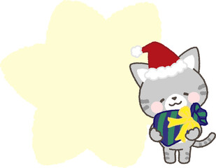 プレゼントを持つサンタ帽を被ったサバトラネコと吹き出し