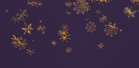 Abstract design of golden snowflakes floating against a deep purple background. Perfect for holiday...