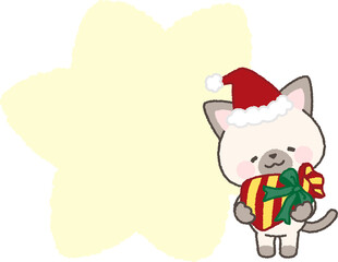 プレゼントを持つサンタ帽を被ったシャムネコと吹き出し