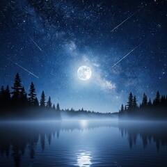 Naklejka premium Mystical moonlight illuminates a tranquil lake reflecting the starry cosmos with meteor shower
