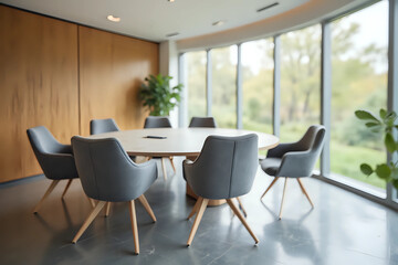 Fototapeta premium Blurred background of a sleek, modern conference room featuring a round table and elegant chairs, illuminated by soft natural light, perfect for enhancing collaboration and creativity in meetings.