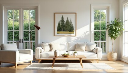 Fototapeta premium Bright living room features comfy sofa, armchair, coffee table, and natural light streaming through large windows. Framed forest art hangs above sofa, creating a peaceful, minimalist home scene.